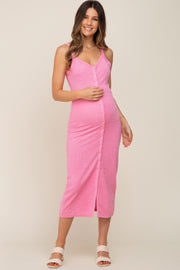 Pink Waffle Knit Snap Front Button Maternity Midi Dress