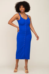 Royal Blue Waffle Knit Snap Front Button Maternity Midi Dress