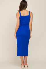 Royal Blue Waffle Knit Snap Front Button Maternity Midi Dress