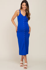 Royal Blue Waffle Knit Snap Front Button Maternity Midi Dress