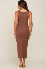 Brown Ribbed Basic Maternity Maxi Dress