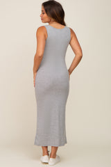 Heather Grey Ribbed Basic Maternity Maxi Dress