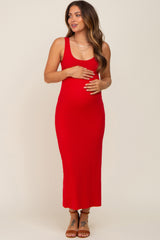 Red Ribbed Basic Maternity Maxi Dress