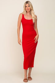 Red Ribbed Basic Maxi Dress