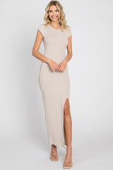 Beige Ribbed Side Slit Maternity Maxi Dress