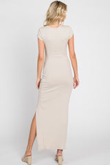 Beige Ribbed Side Slit Maxi Dress