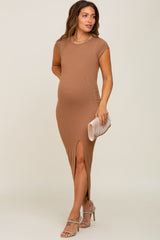 Brown Ribbed Side Slit Maternity Maxi Dress