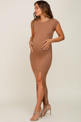 Brown Ribbed Side Slit Maternity Maxi Dress