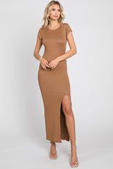 Brown Ribbed Side Slit Maternity Maxi Dress