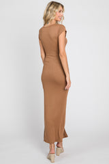 Brown Ribbed Side Slit Maxi Dress