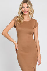 Brown Ribbed Side Slit Maxi Dress