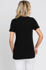 Black Ribbed Knit Button Top