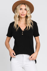 Black Ribbed Knit Button Top