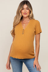 Camel Ribbed Knit Button Maternity Top