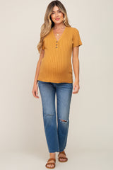 Camel Ribbed Knit Button Maternity Top