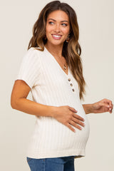 Cream Ribbed Knit Button Maternity Top