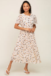 Ivory Floral Chiffon Pleated Short Sleeve Midi Dress