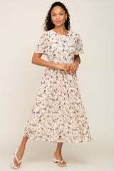 Ivory Floral Chiffon Pleated Short Sleeve Maternity Midi Dress