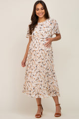 Ivory Floral Chiffon Pleated Short Sleeve Maternity Midi Dress