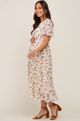 Ivory Floral Chiffon Pleated Short Sleeve Maternity Midi Dress