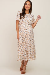 Ivory Floral Chiffon Pleated Short Sleeve Maternity Midi Dress