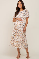 Ivory Floral Chiffon Pleated Short Sleeve Maternity Midi Dress