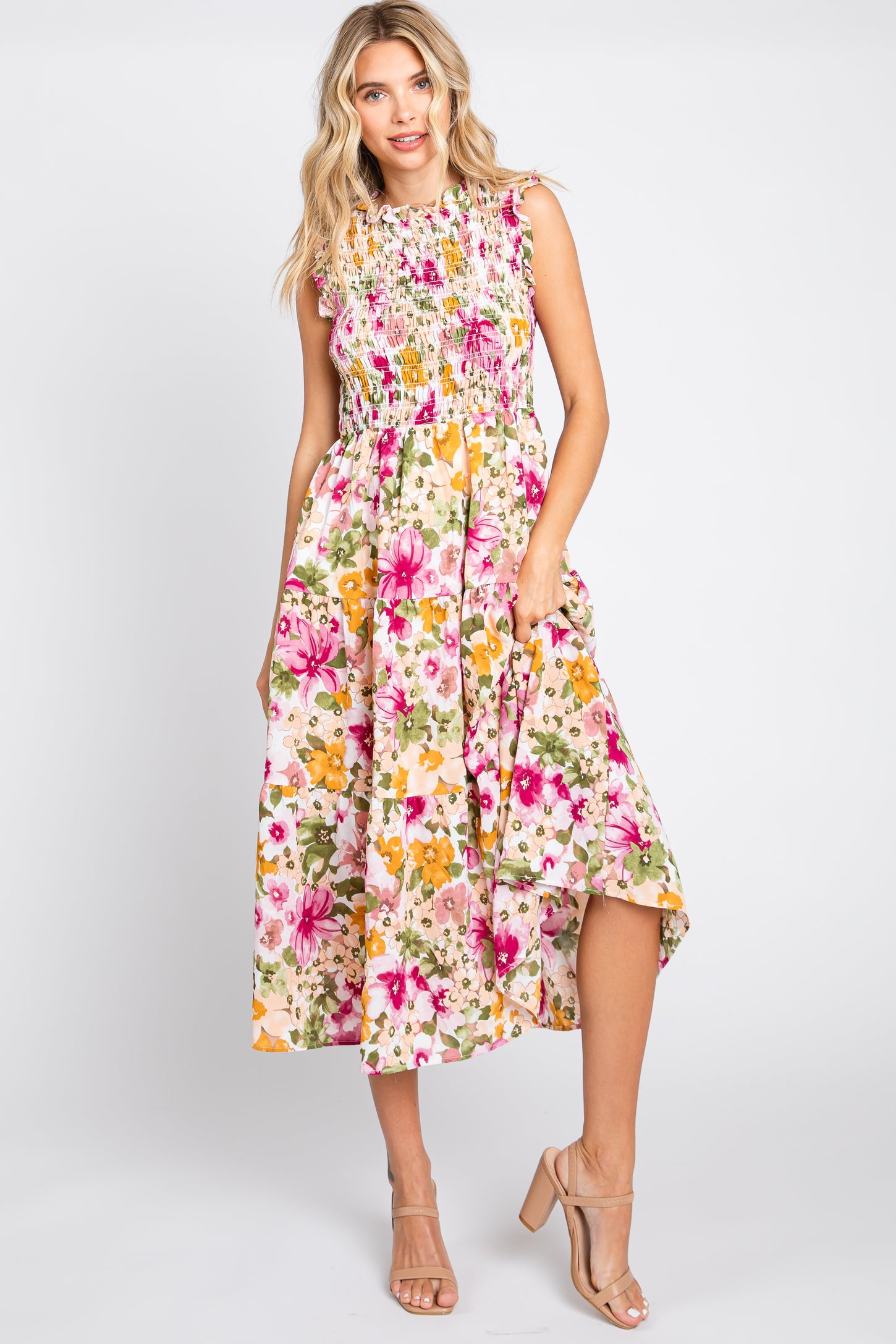 Ivory Floral Smocked Ruffle Neck Midi Dress– PinkBlush