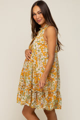 Orange Floral Tiered Ruffle Mock Neck Maternity Dress