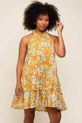 Orange Floral Tiered Ruffle Mock Neck Dress