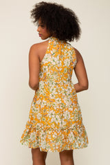 Orange Floral Tiered Ruffle Mock Neck Dress