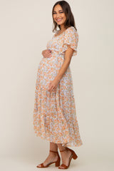 Coral Floral Chiffon Tiered Maternity Midi Dress