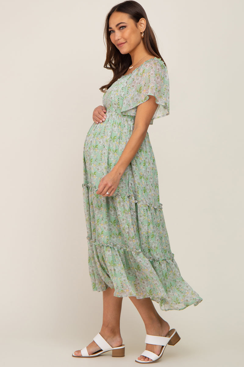 Mint Green Floral Chiffon Tiered Maternity Midi Dress – PinkBlush