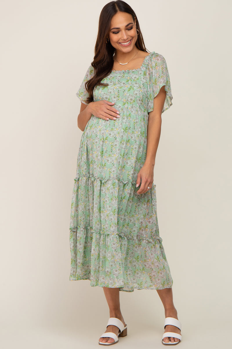 Mint Green Floral Chiffon Tiered Maternity Midi Dress– PinkBlush