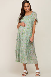 Mint Green Floral Chiffon Tiered Maternity Midi Dress