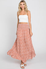 Rust Floral Smocked Waist Midi Skirt