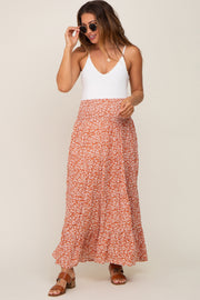 Rust Floral Smocked Waist Maternity Midi Skirt