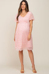 Pink Lace Knee Length Maternity Dress