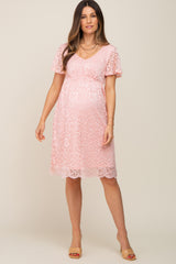 Pink Lace Knee Length Maternity Dress