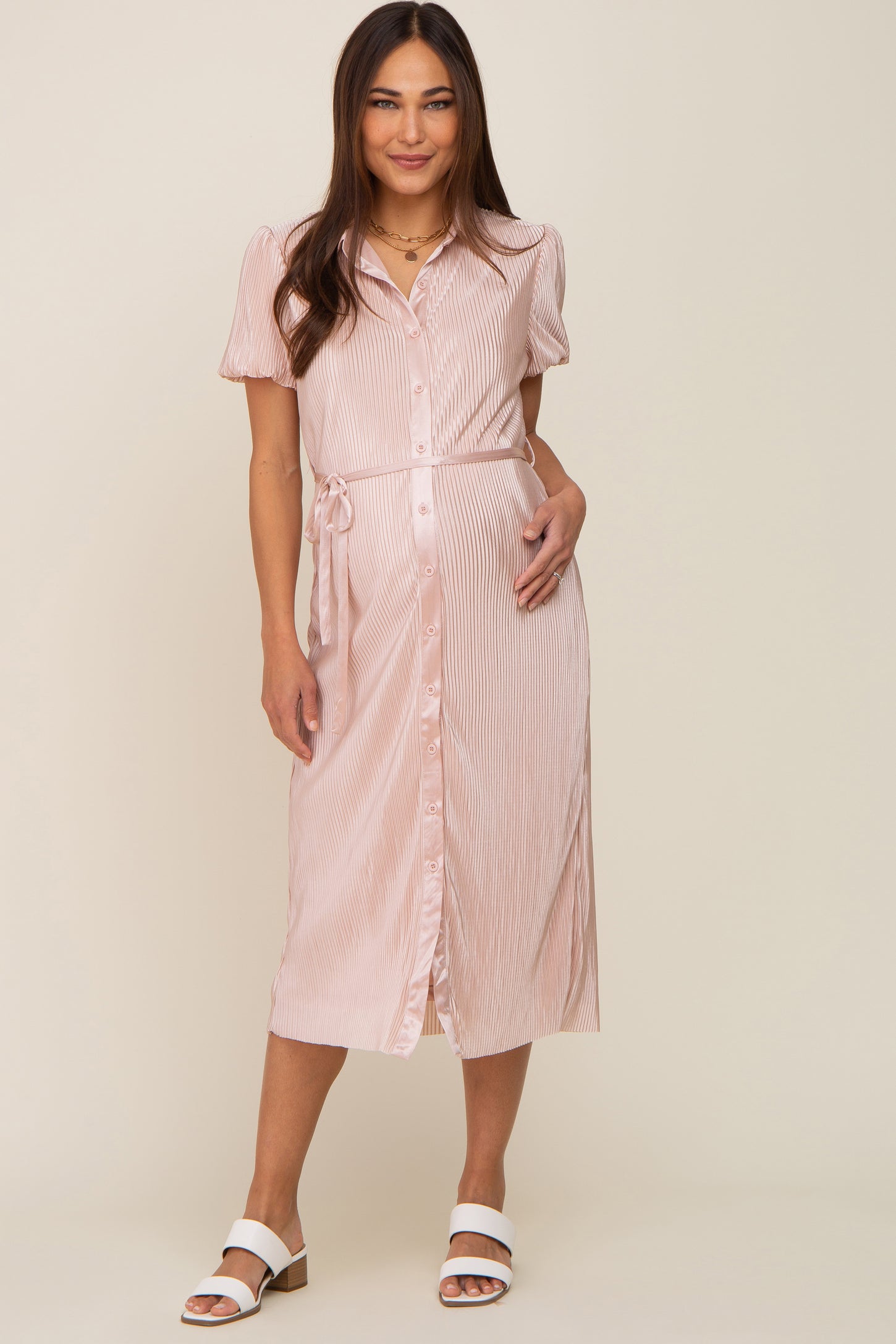 Blush Pink Pleated Maternity Dress