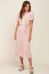 Light Pink Pleated Button-Down Collared Maternity Midi Dress