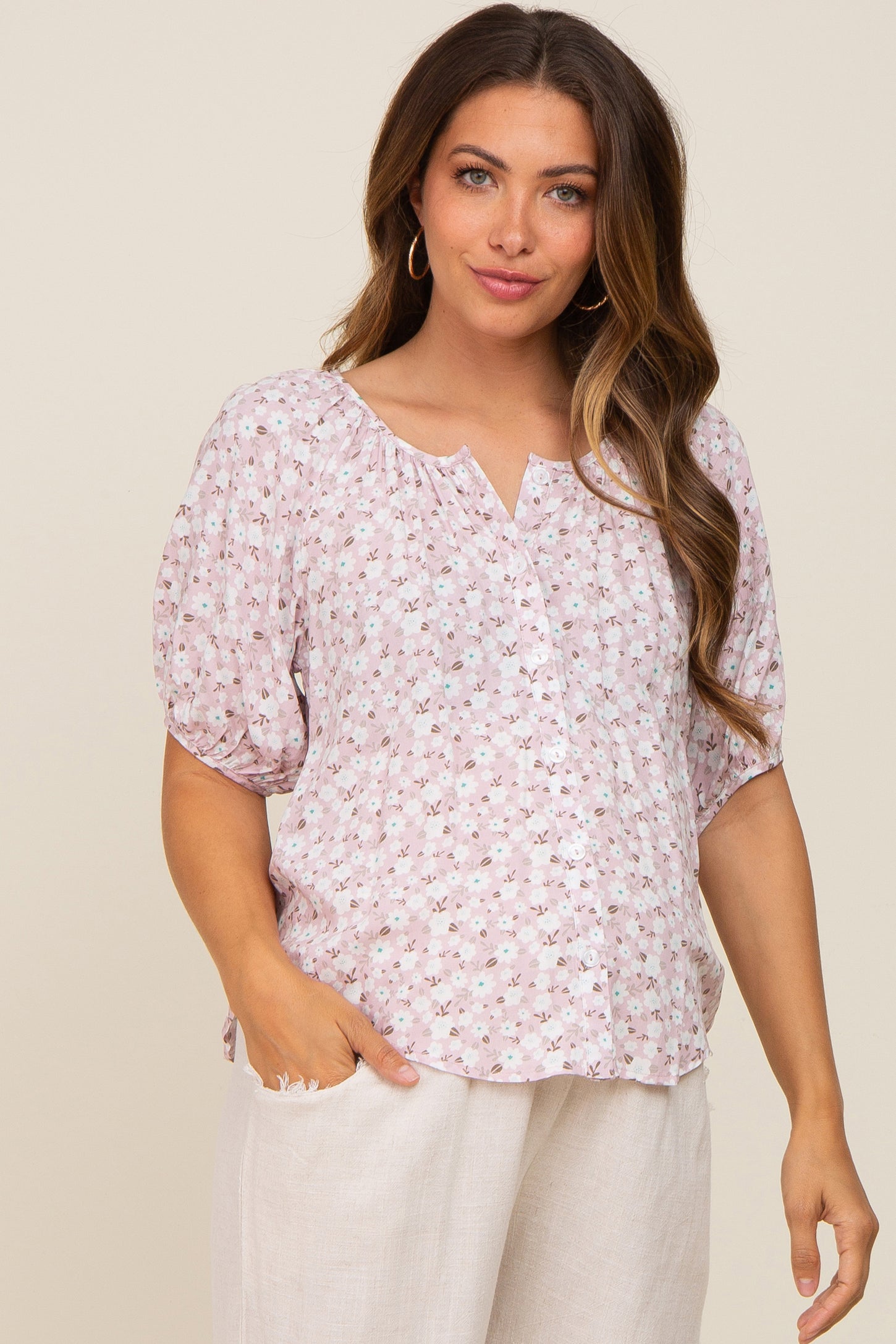 Lucky Brand Crochet Short Sleeve Peasant Top in Pink