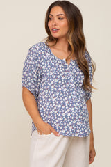 Blue Floral Button Front Short Sleeve Maternity Top