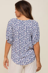 Blue Floral Button Front Short Sleeve Maternity Top