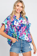 Navy Abstract Floral Button Down Top