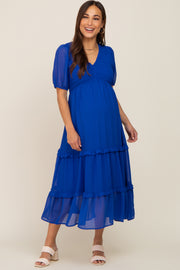 Royal Blue Chiffon Smocked V-Neck Ruffle Tiered Maternity Midi Dress