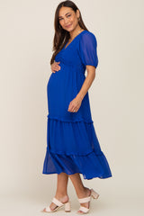 Royal Blue Chiffon Smocked V-Neck Ruffle Tiered Maternity Midi Dress