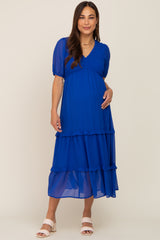 Royal Blue Chiffon Smocked V-Neck Ruffle Tiered Maternity Midi Dress