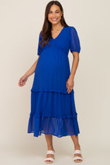 Royal Blue Chiffon Smocked V-Neck Ruffle Tiered Maternity Midi Dress