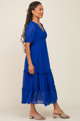 Royal Blue Chiffon Smocked V-Neck Ruffle Tiered Midi Dress