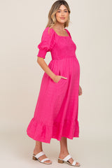 Fuchsia Square Neck Smocked Short Sleeve Maternity Midi Dress